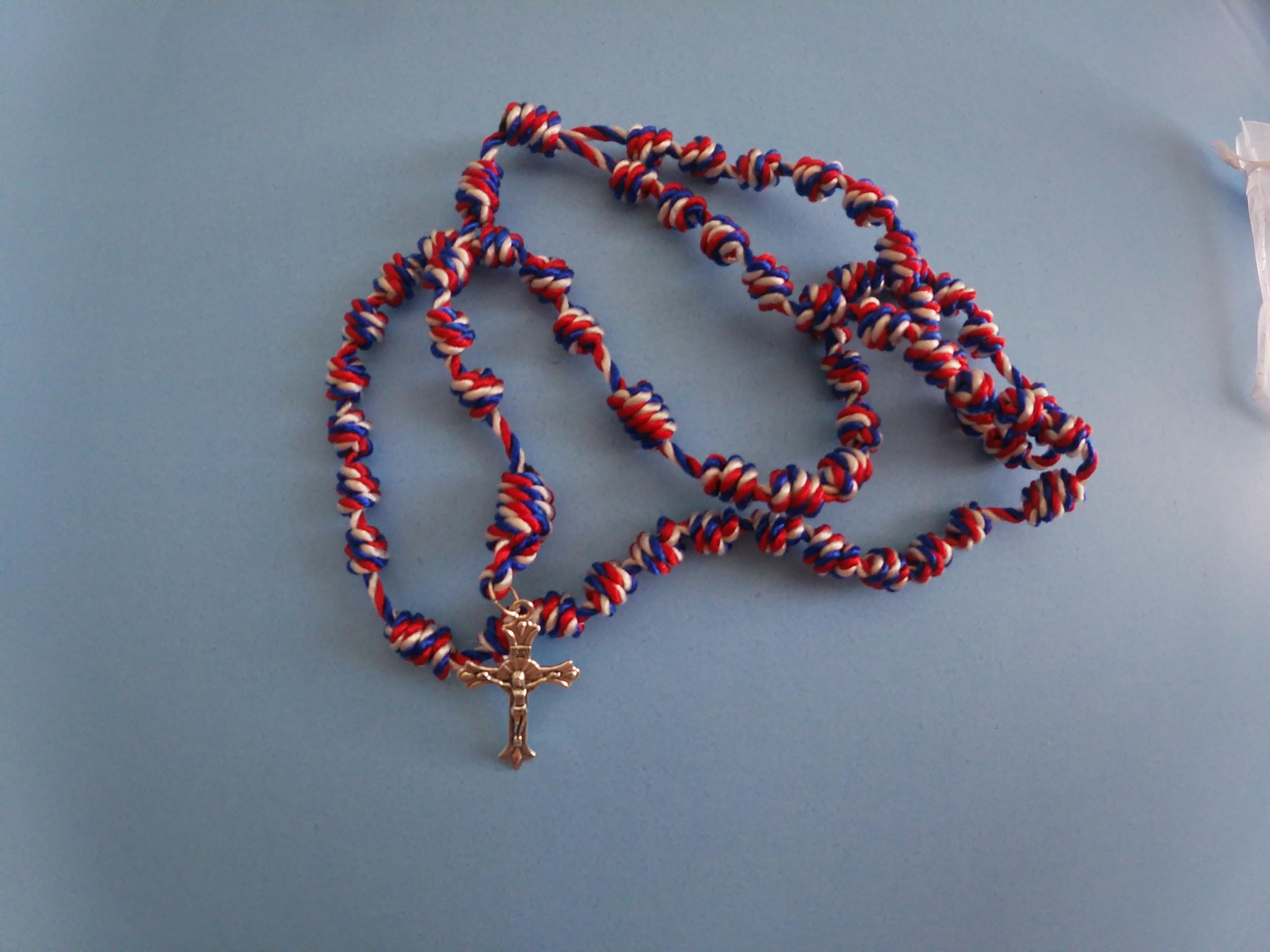 Red, White an Blue Knotted Rosary with Nickel Crucifix