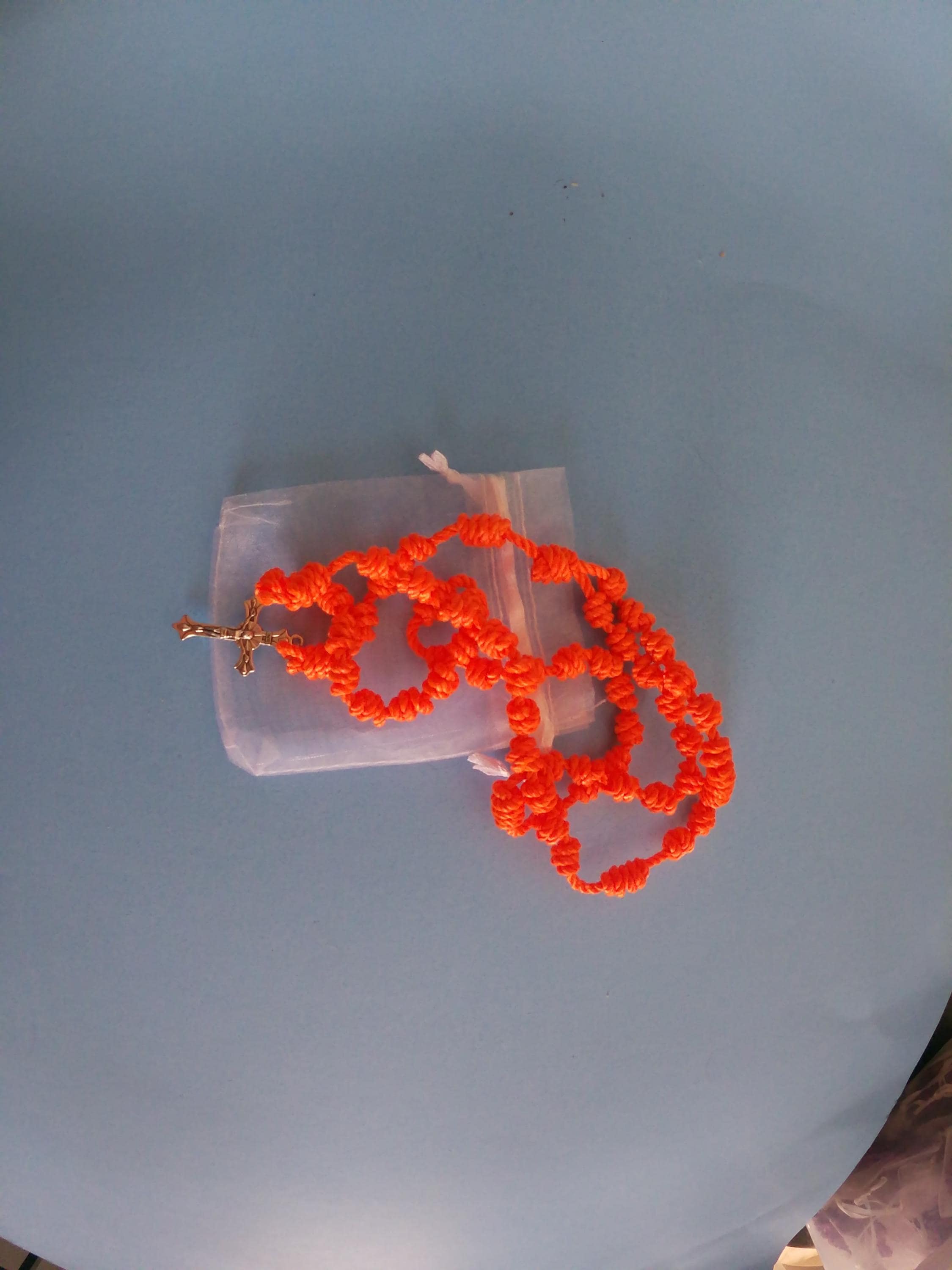 Bright Orange Knotted Rosary with Nickel Crucifix