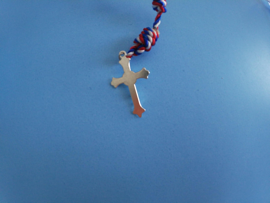 Red, White an Blue Knotted Rosary with Nickel Crucifix