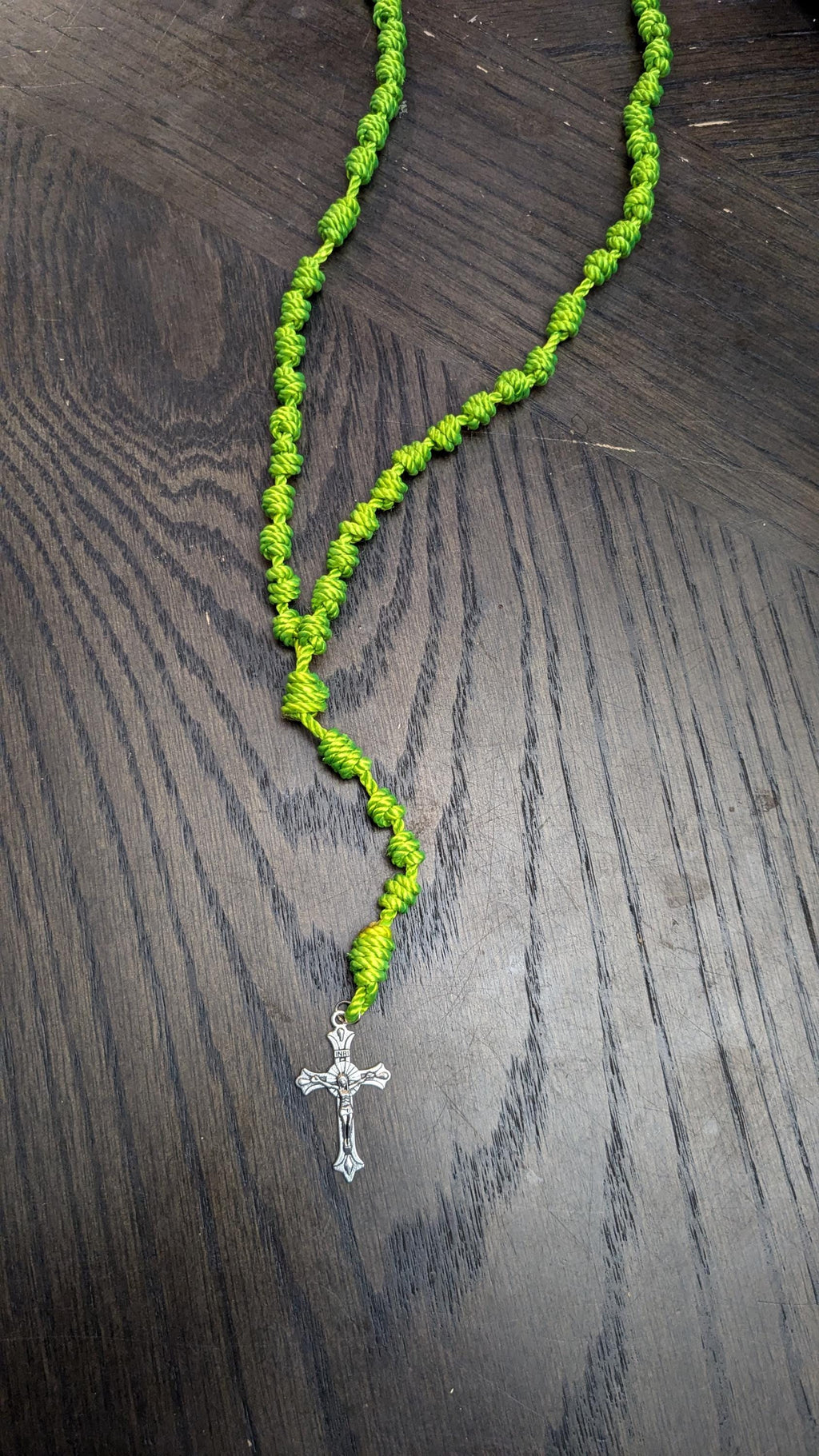 Bright Green Knotted Rosary with Nickel Crucifix