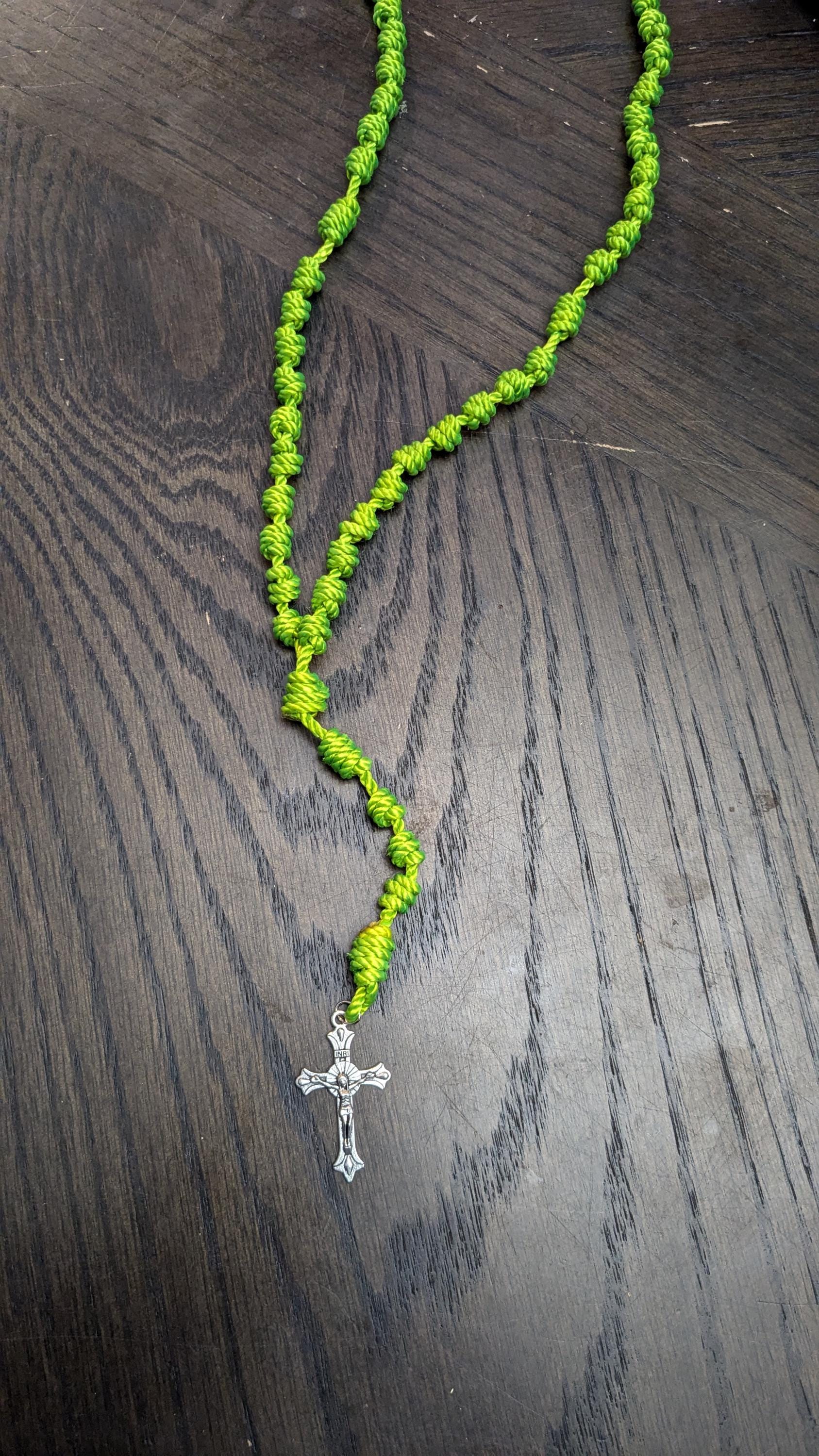 Bright Green Knotted Rosary with Nickel Crucifix