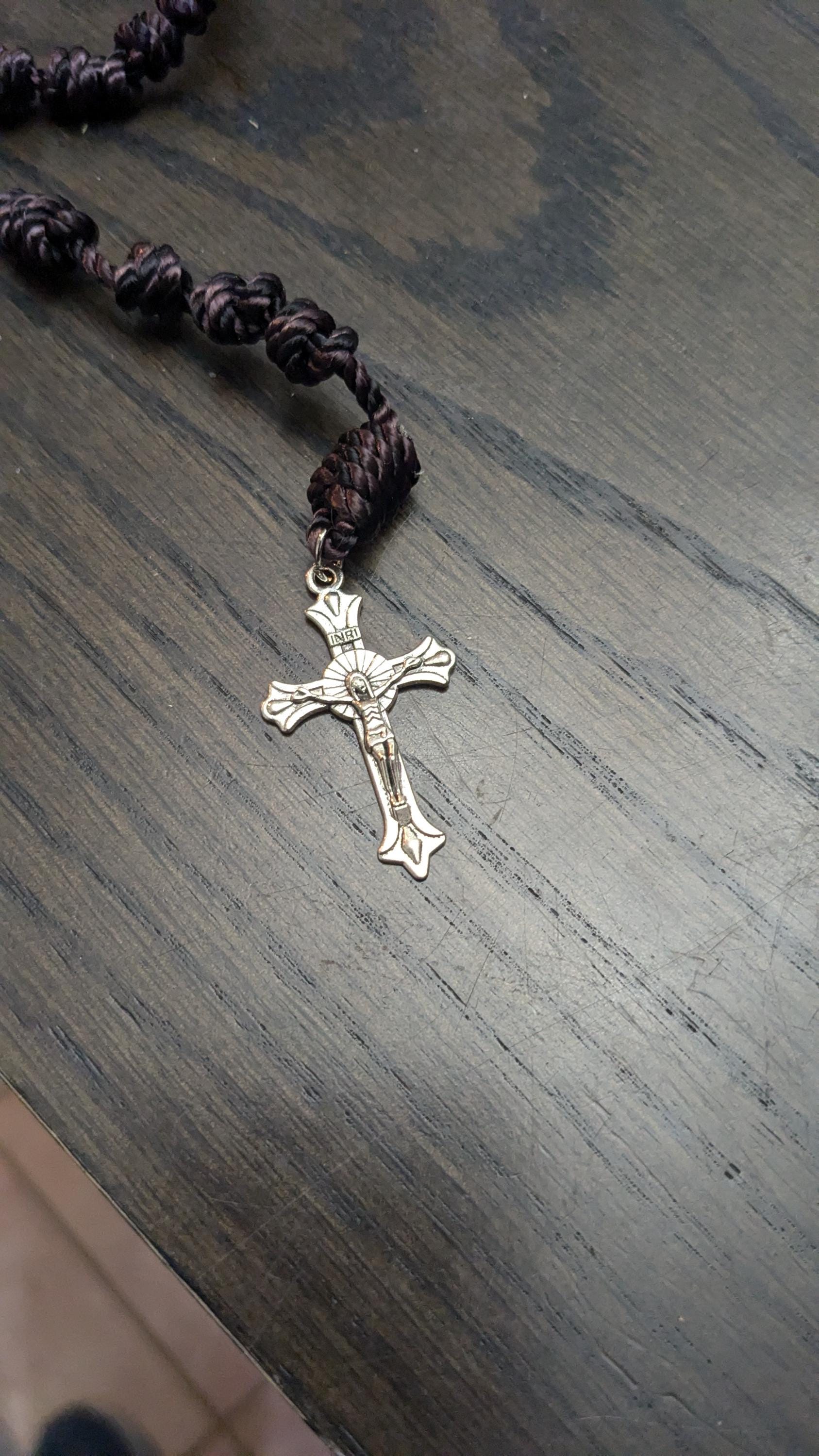 Brown Knotted Rosary with Nickel Crucifix