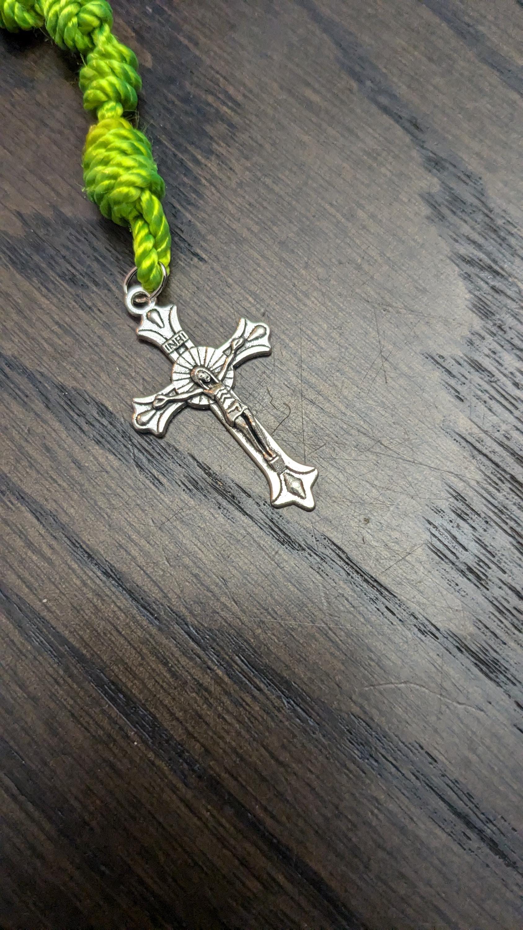 Bright Green Knotted Rosary with Nickel Crucifix