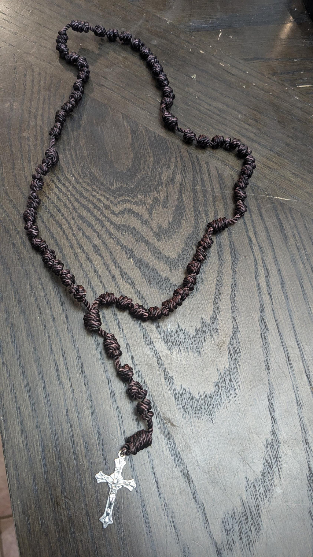 Brown Knotted Rosary with Nickel Crucifix