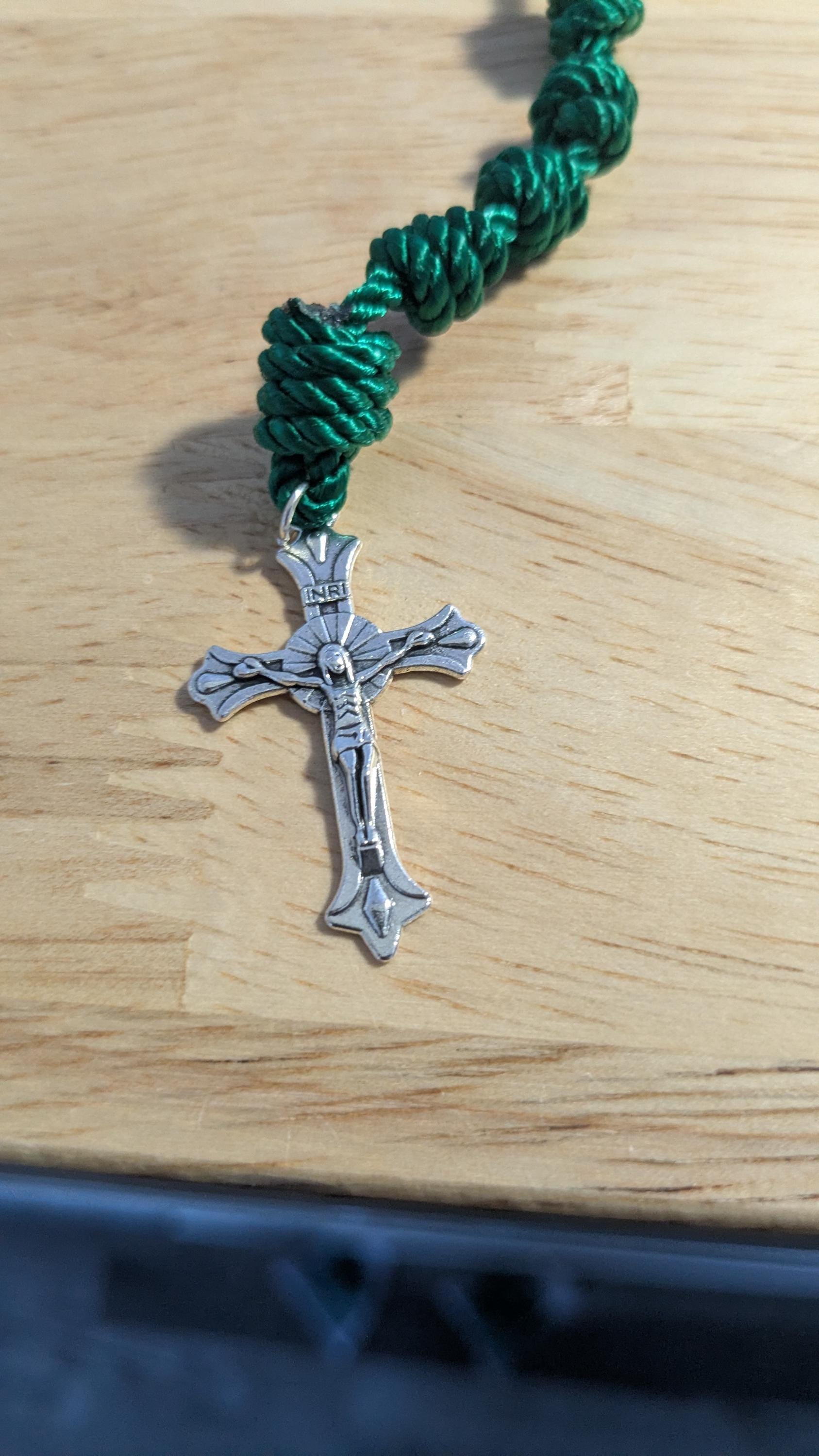 Hunter Green Knotted Rosary with Nickel Crucifix