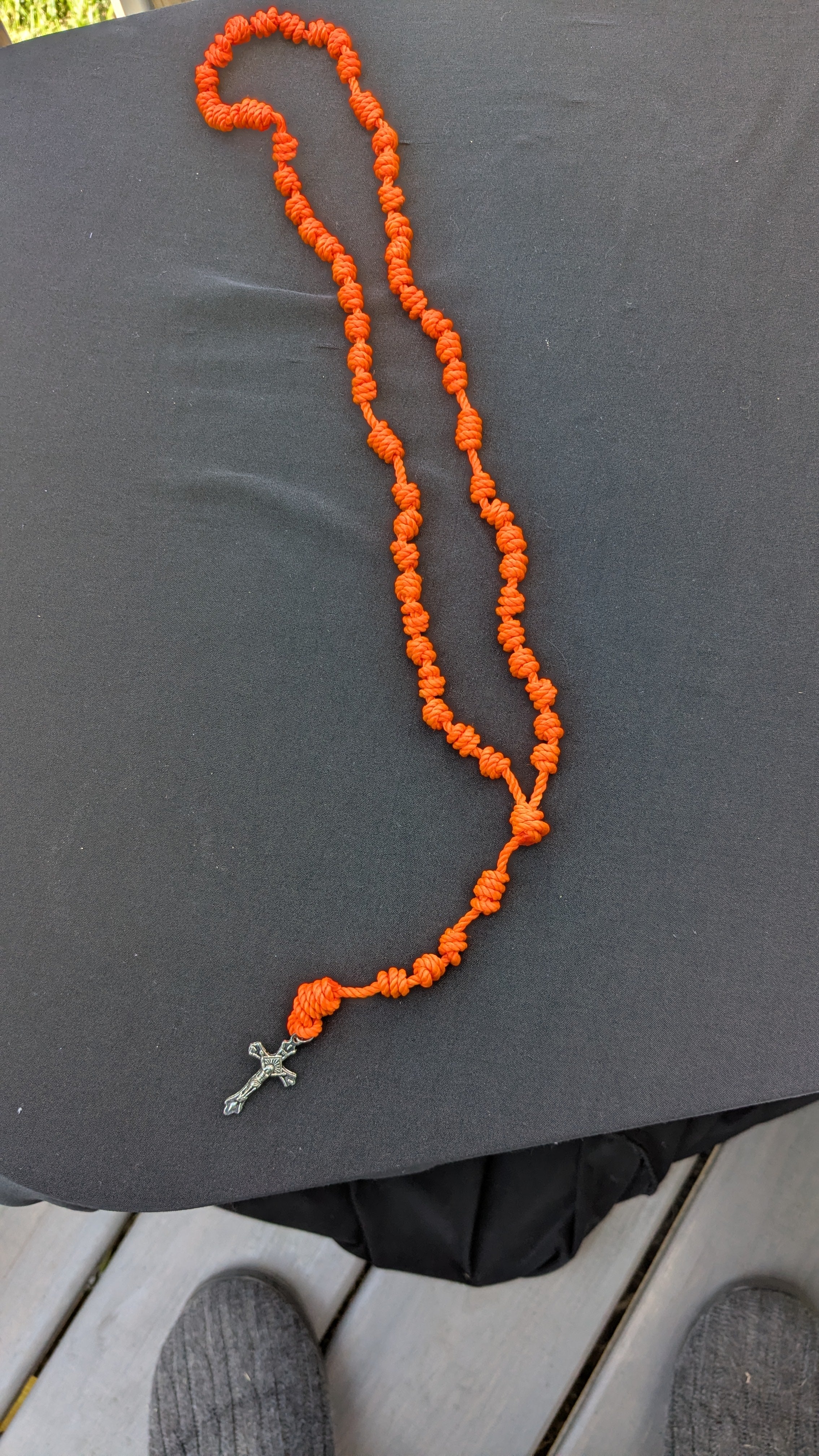 Bright Orange Knotted Rosary with Nickel Crucifix - Large