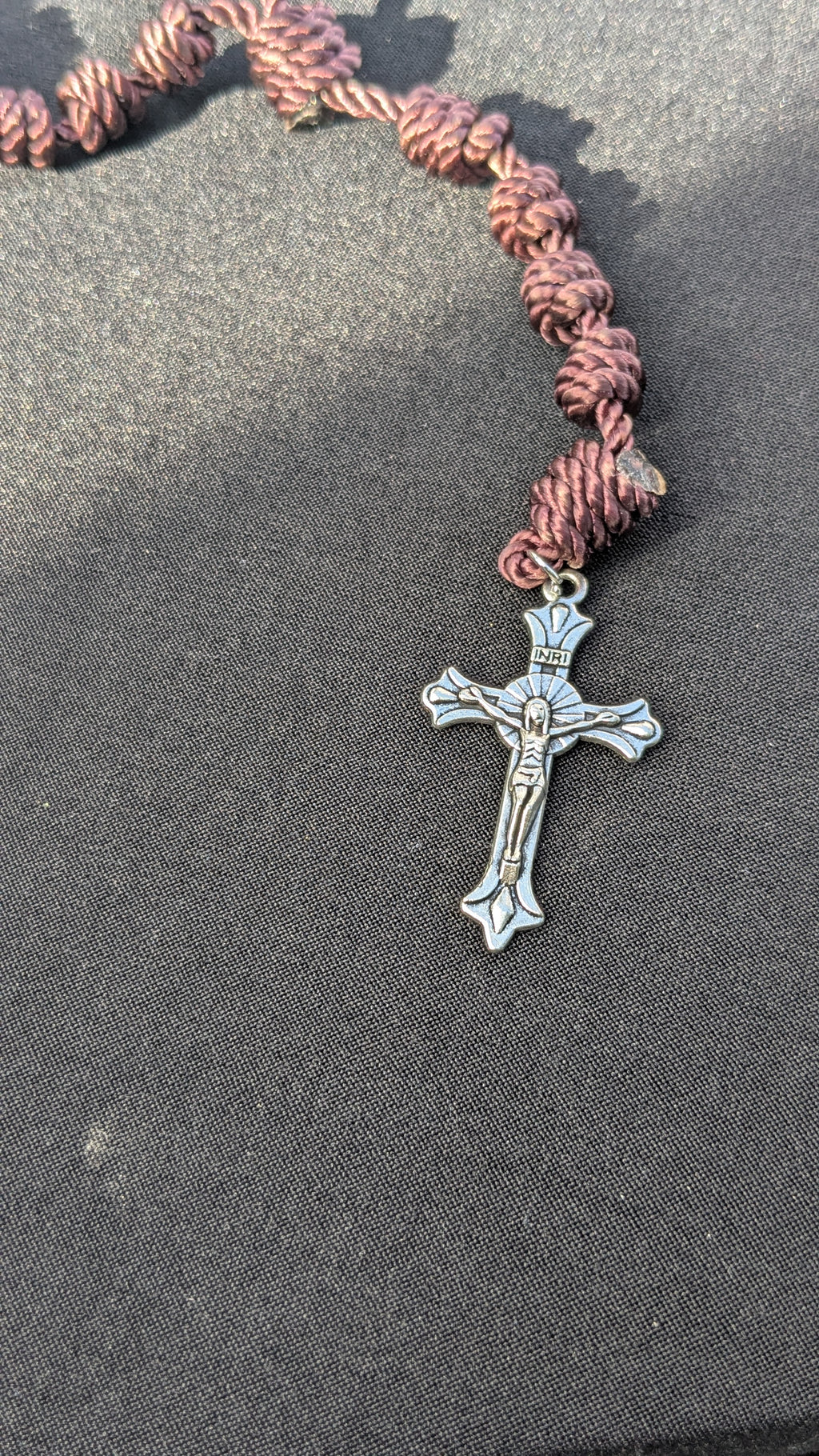 Brown Knotted Rosary with Nickel Crucifix