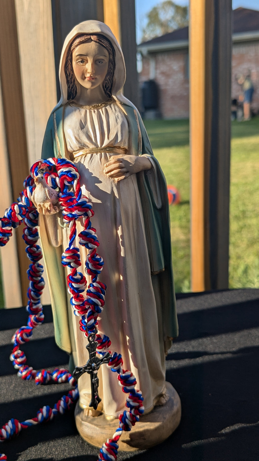 Red, White and Blue Knotted Rosary with Nickel Crucifix