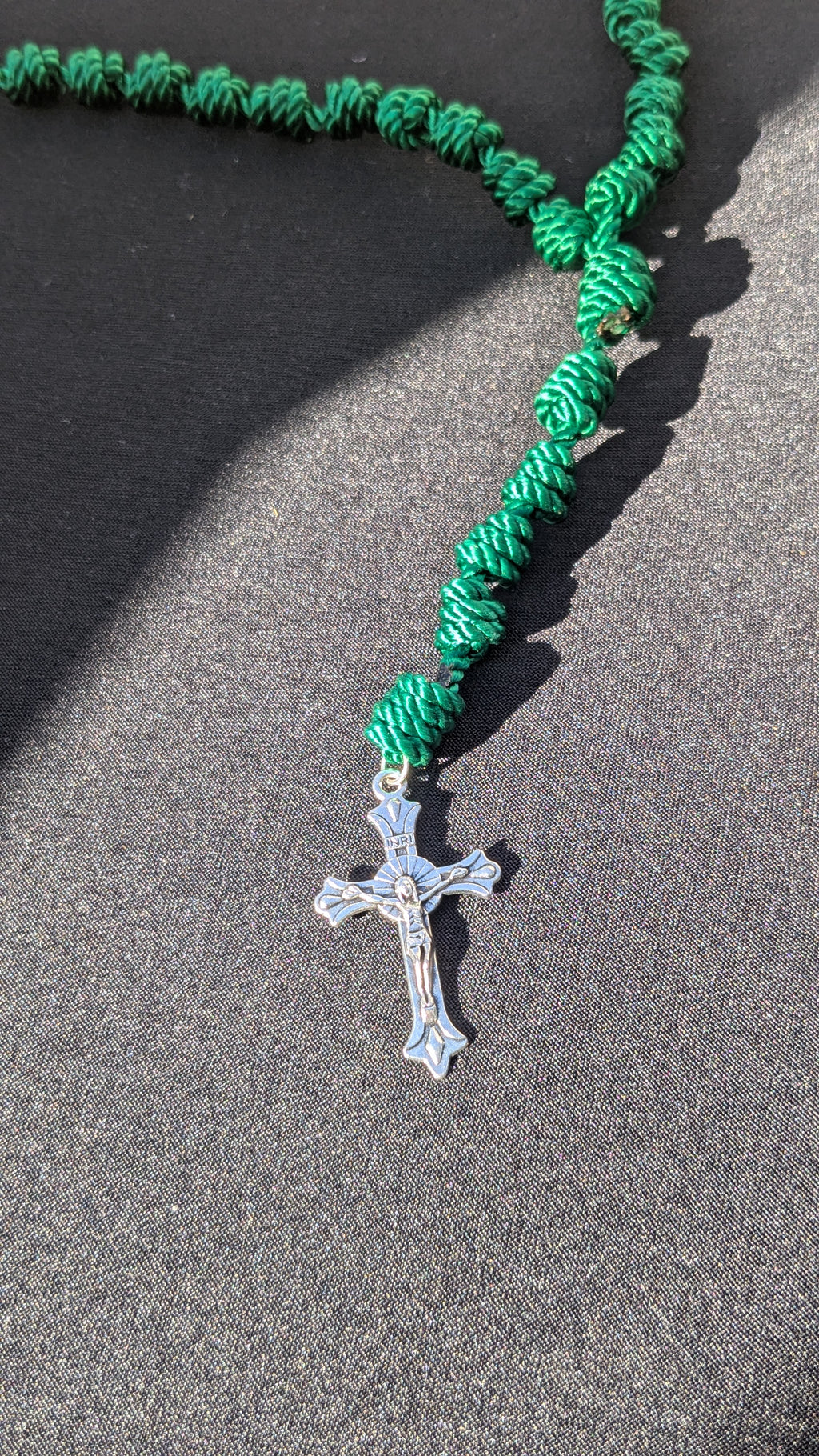 Hunter Green Knotted Rosary with Nickel Crucifix