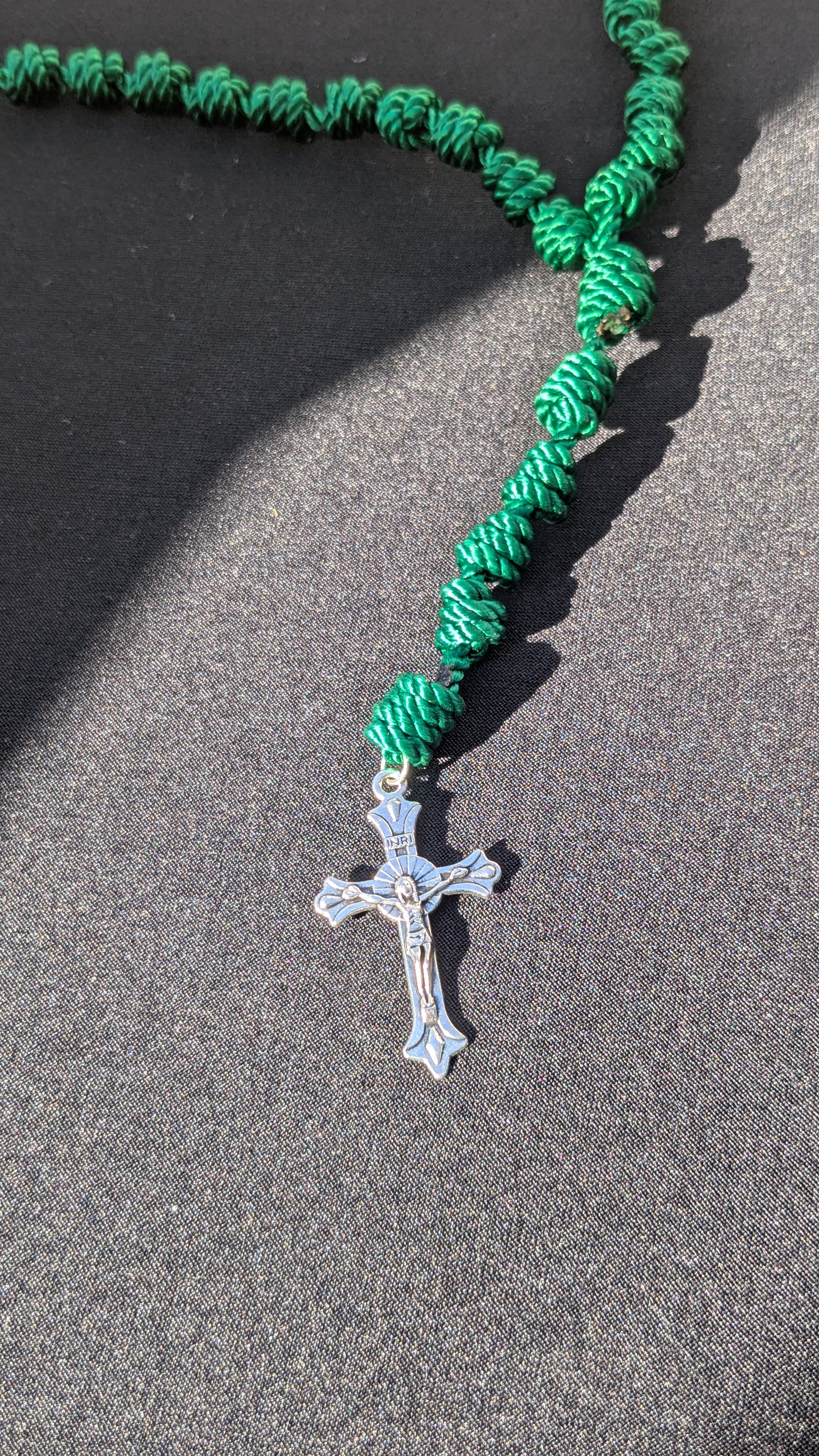 Hunter Green Knotted Rosary with Nickel Crucifix