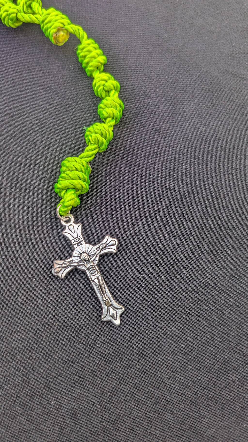 Bright Green Knotted Rosary with Nickel Crucifix