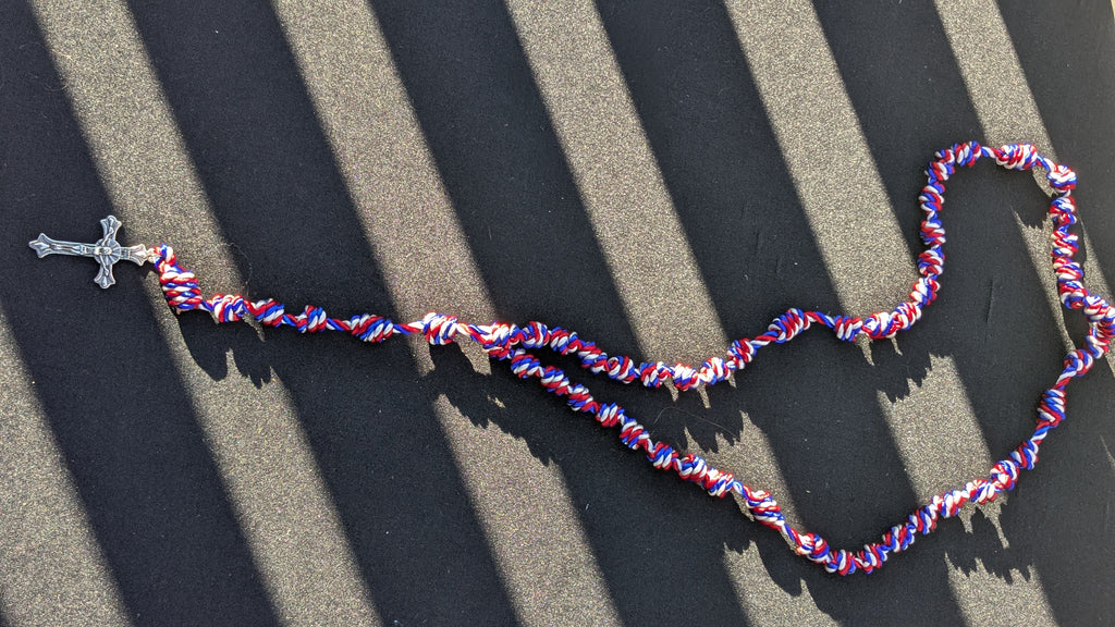 Red, White and Blue Knotted Rosary with Nickel Crucifix