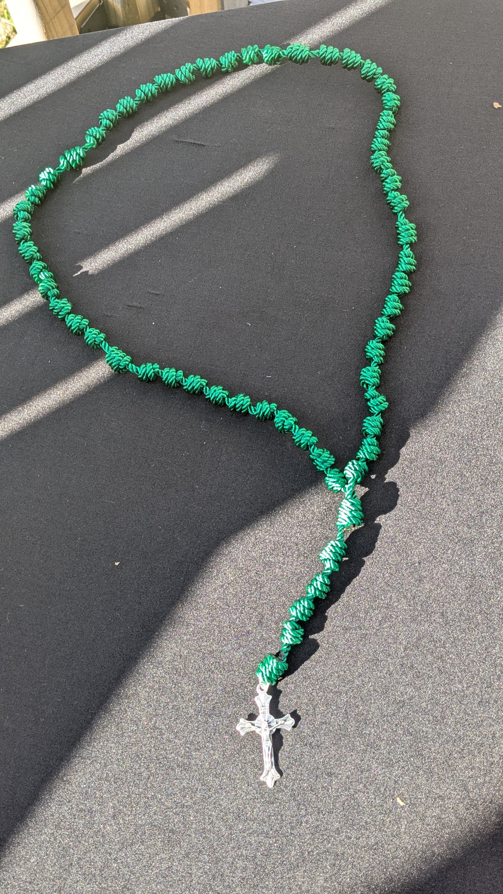 Hunter Green Knotted Rosary with Nickel Crucifix